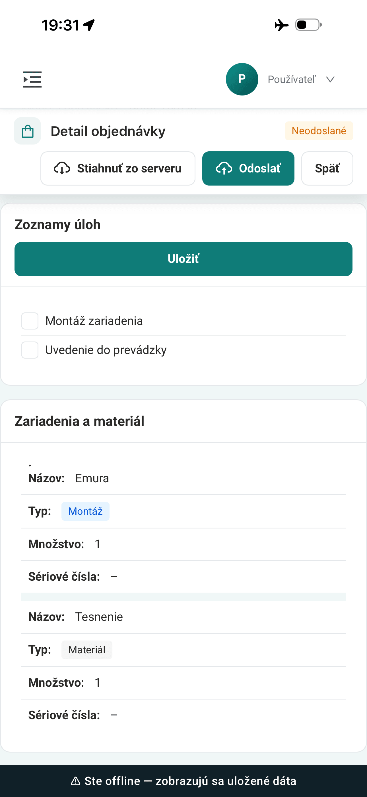 Servisná zákazka otvorená offline v mobile technika — bez internetu, so zmenami na odoslanie