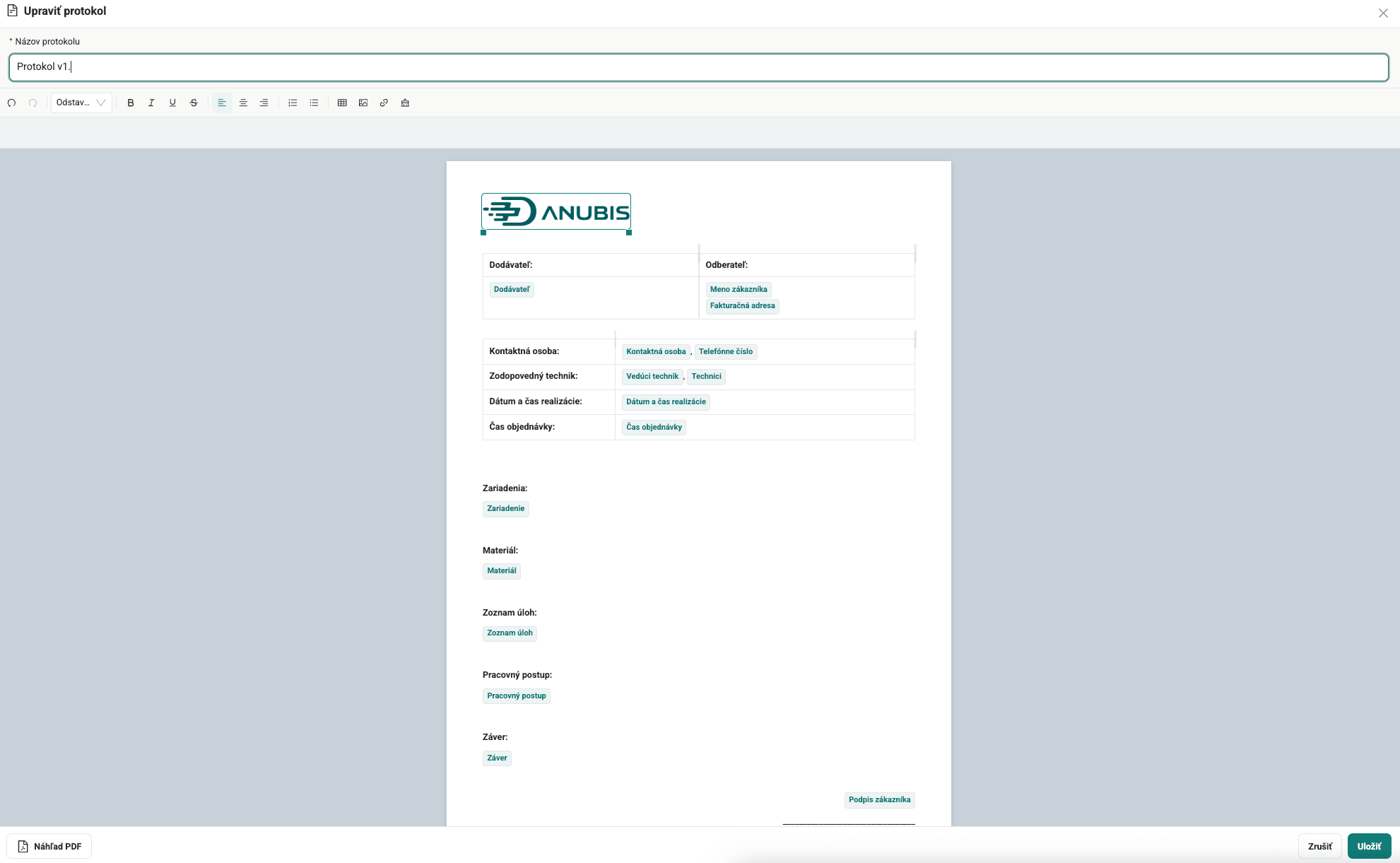 Editor šablóny servisného protokolu s vlastnou štruktúrou, textami a logom — DANUBIS