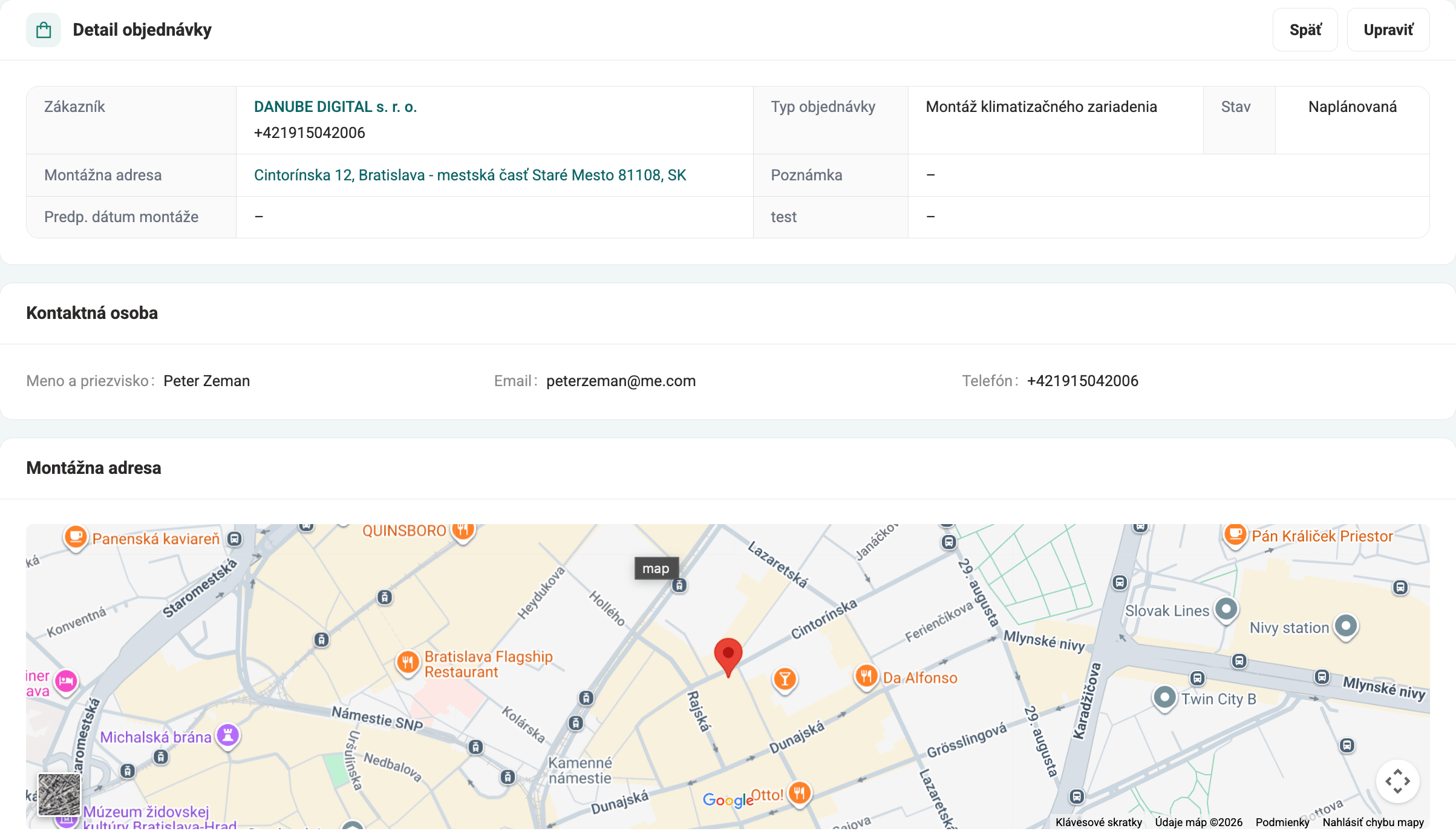 Detail servisnej zákazky s priradeným technikom, termínom a úlohami — DANUBIS