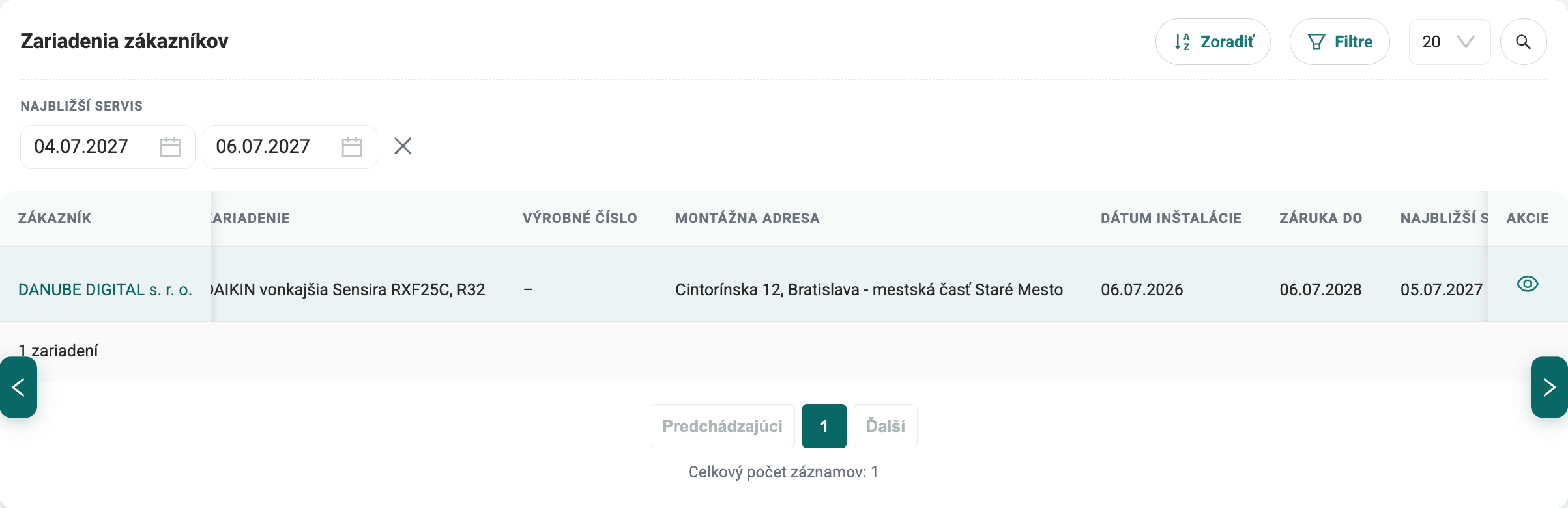 Filter najbližšieho servisu v zozname zariadení podľa termínu — DANUBIS