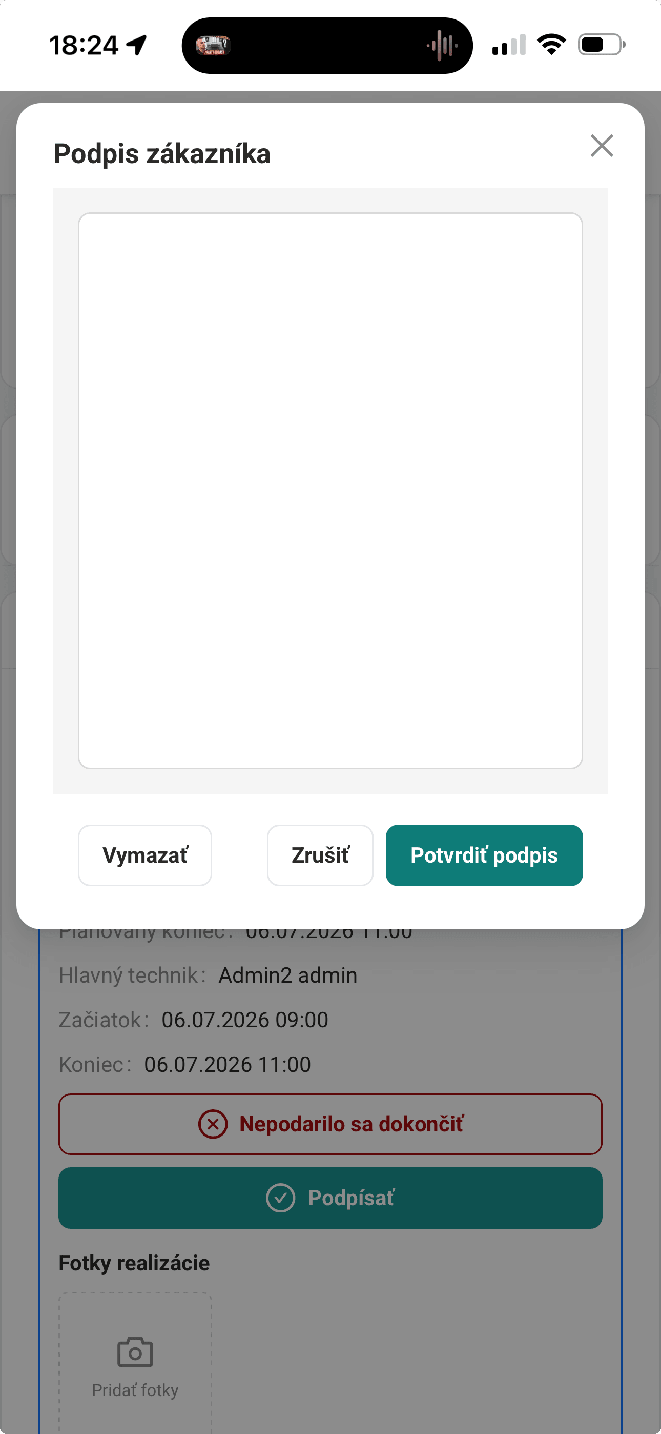 Podpis zákazníka na servisnom protokole priamo v mobilnej aplikácii — DANUBIS