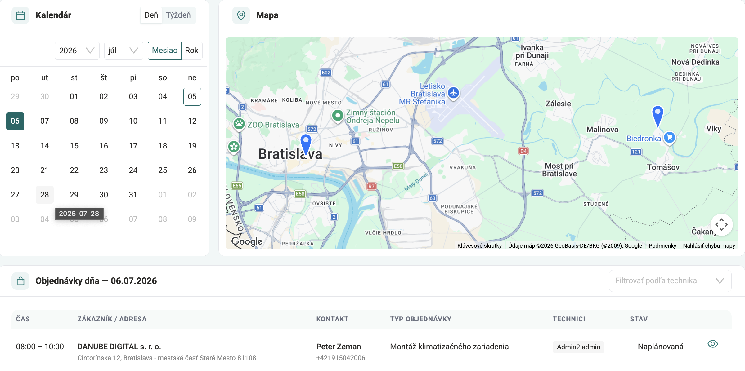 Dashboard DANUBIS — kalendár, mapa a objednávky dňa